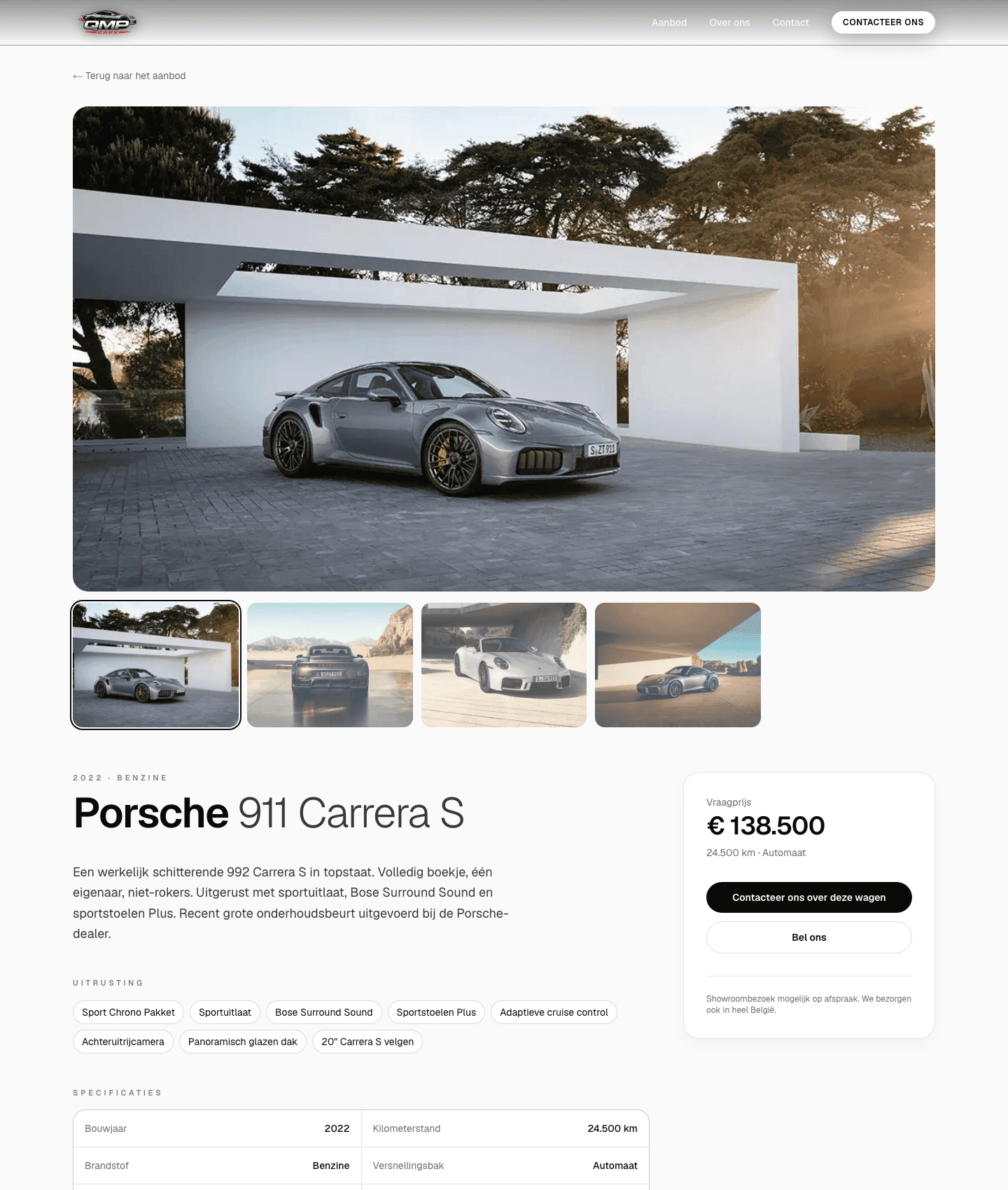 QMP Cars — detailpagina met de fotogalerij, de prijs, feature-chips en de spec-tabel